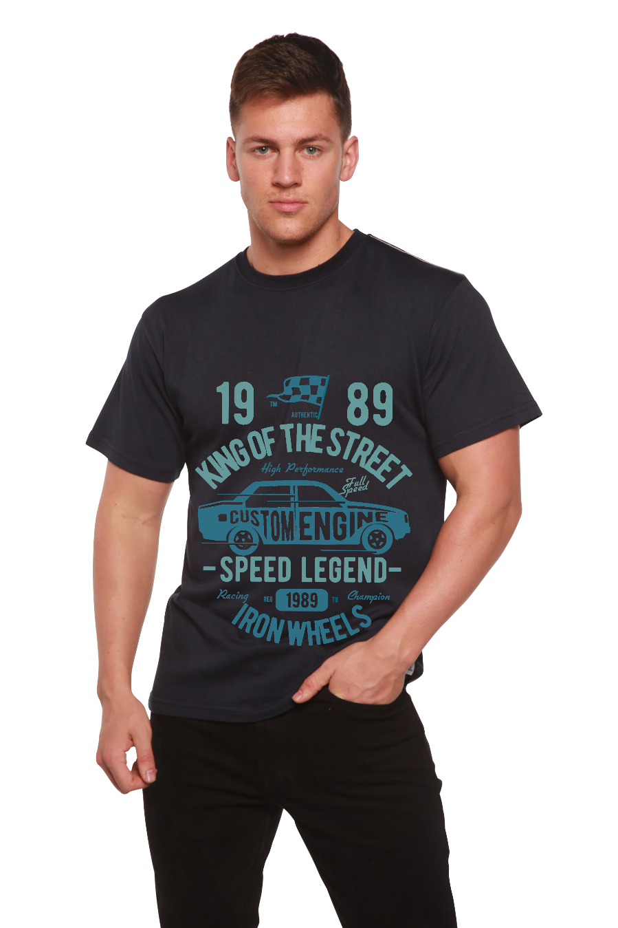 King Of The Street men's bamboo viscose/organic cotton tee navy with teal car by Spun Bamboo on Tampa Home & Garden Store