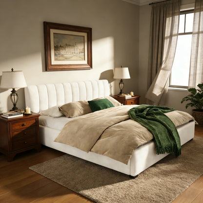 King size upholstered bed frame with white tufted headboard and two nightstands in a bedroom on Tampa Home & Garden Store