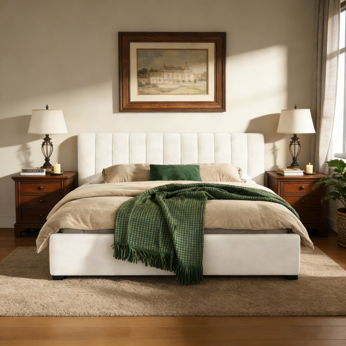 King size upholstered bed frame in cream with white tufted headboard by HouseOfZazla on Tampa Home & Garden Store