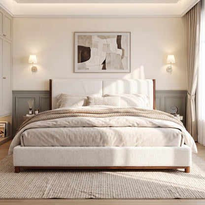 King Size Upholstered Bed Frame with Slat Support White & Walnut by HouseOfZazla on Tampa Home & Garden Store