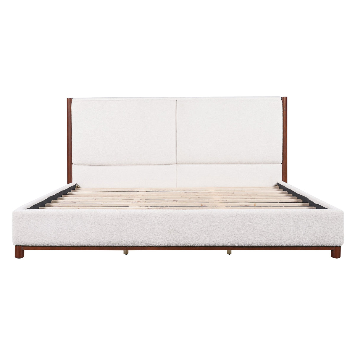 King Size Upholstered Bed Frame with Slat Support in white & walnut by HouseOfZazla on Tampa Home & Garden Store