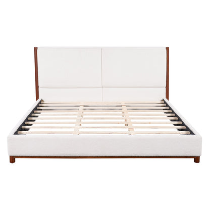 King size upholstered bed frame with white fabric headboard and walnut trim by HouseOfZazla on Tampa Home & Garden Store