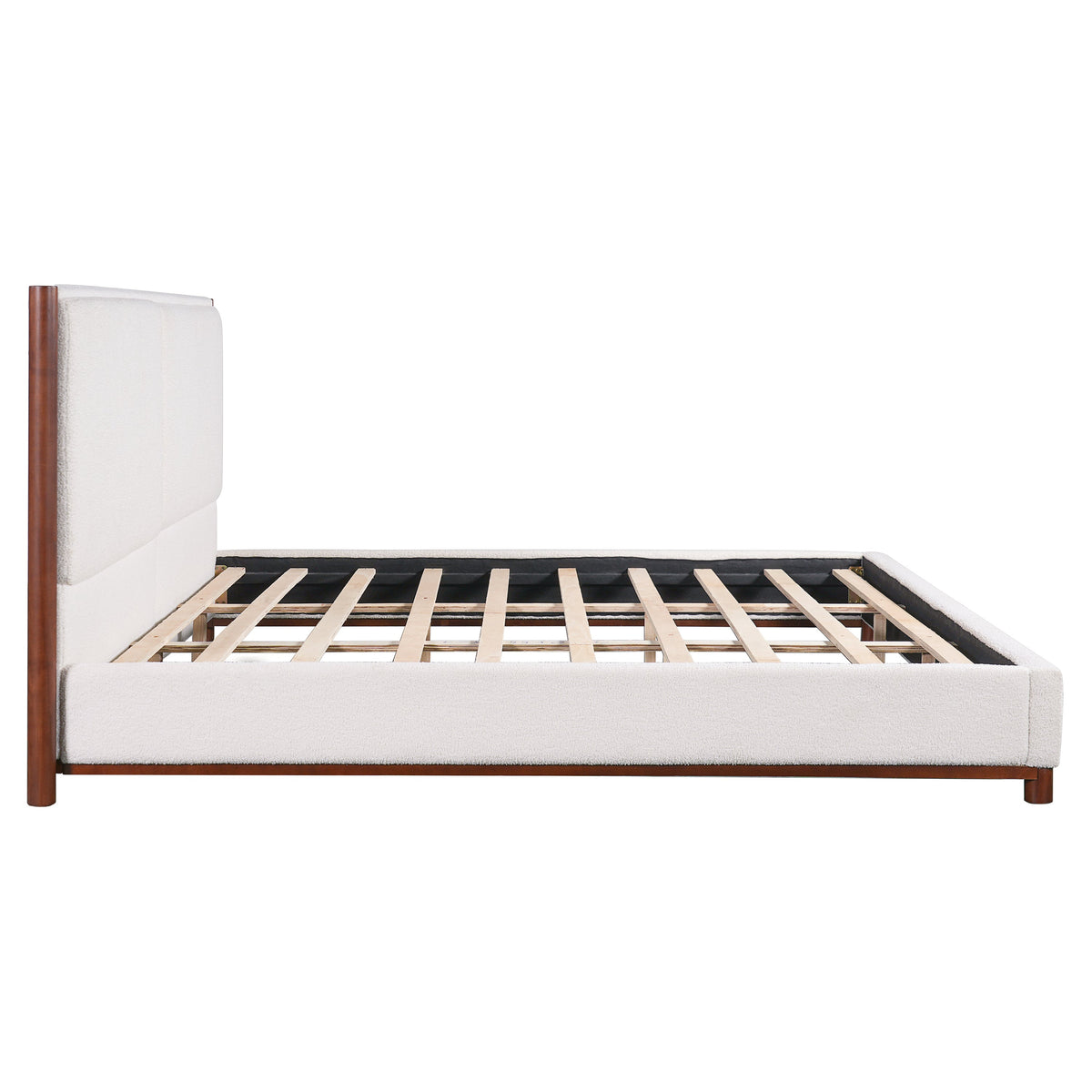 King size upholstered bed frame HouseOfZazla with white headboard and walnut trim, slat support on Tampa Home & Garden Store
