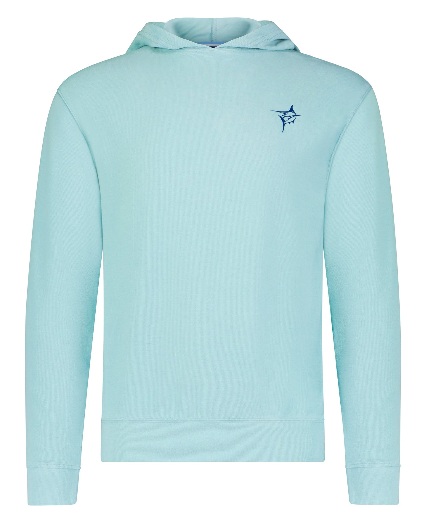 Jetty hoodie by White Water Life in light blue featuring a small blue logo on upper back on Tampa Home & Garden Store