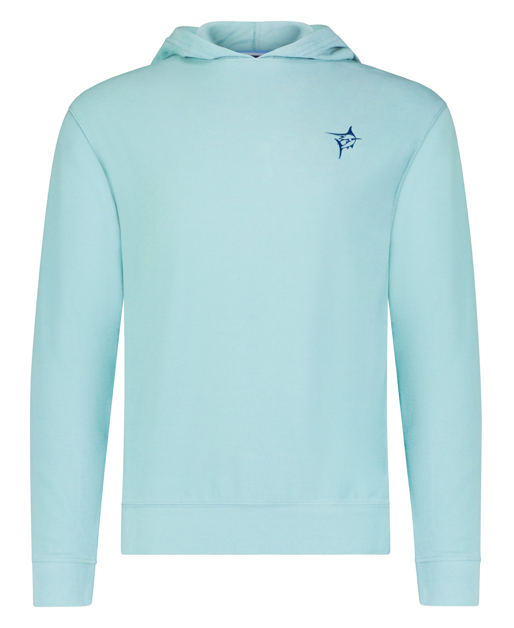 Jetty hoodie by White Water Life in light blue featuring a small blue logo on upper back on Tampa Home & Garden Store