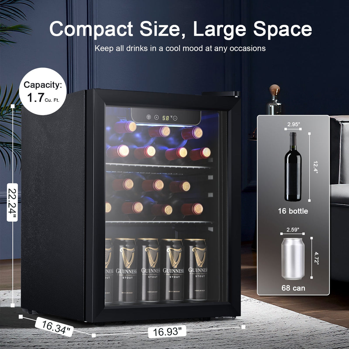 Kismile 1.7 CuFt beverage refrigerator, black mini wine fridge, 16 bottles and 68 cans on Tampa Home & Garden Store