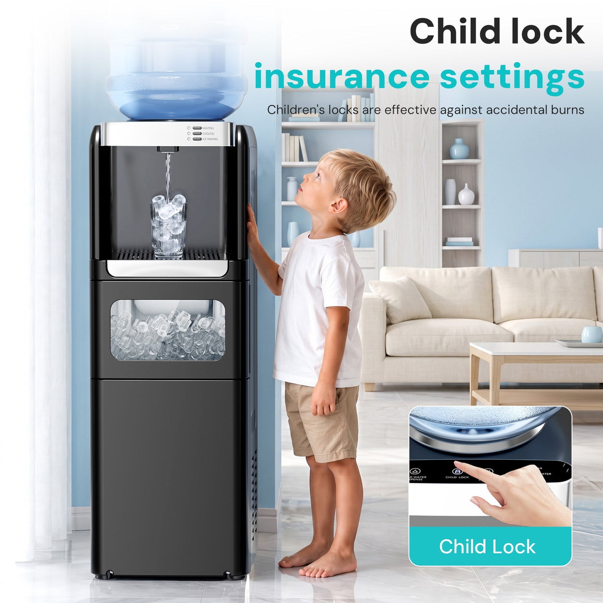 Modern water cooler dispenser with ice maker by Kismile, black stainless finish, child lock on Tampa Home & Garden Store