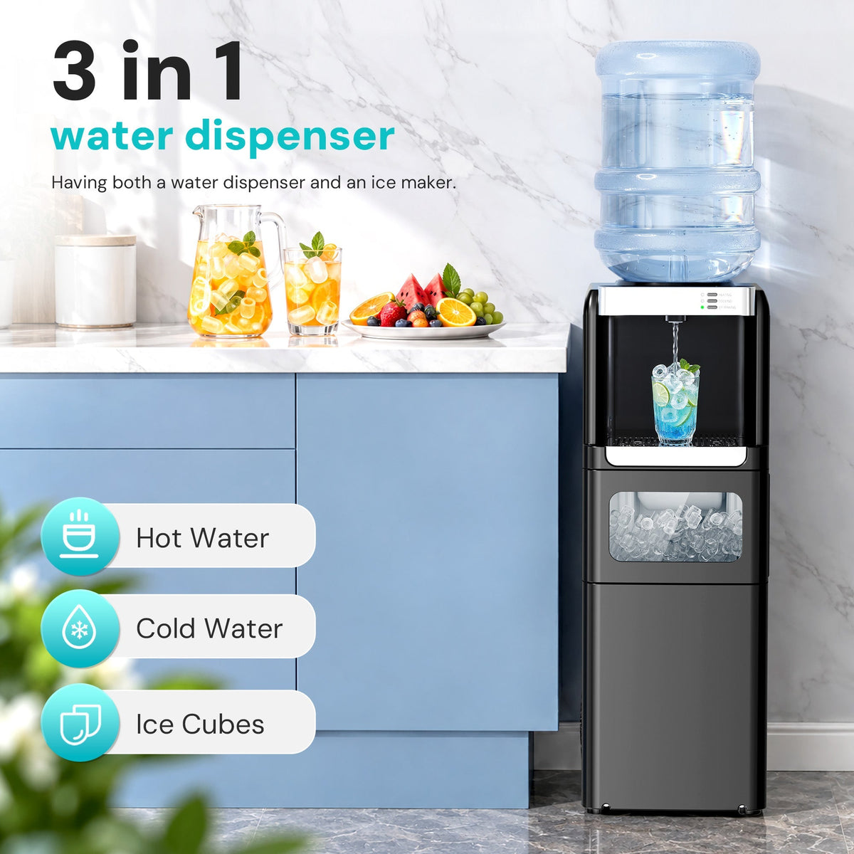 Kismile 3-in-1 water cooler dispenser with ice maker, black unit beside blue water bottle on Tampa Home & Garden Store