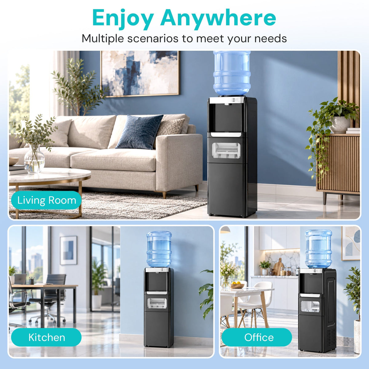 Modern Water Cooler Dispenser by Kismile with ice maker in black stainless finish, in room on Tampa Home & Garden Store