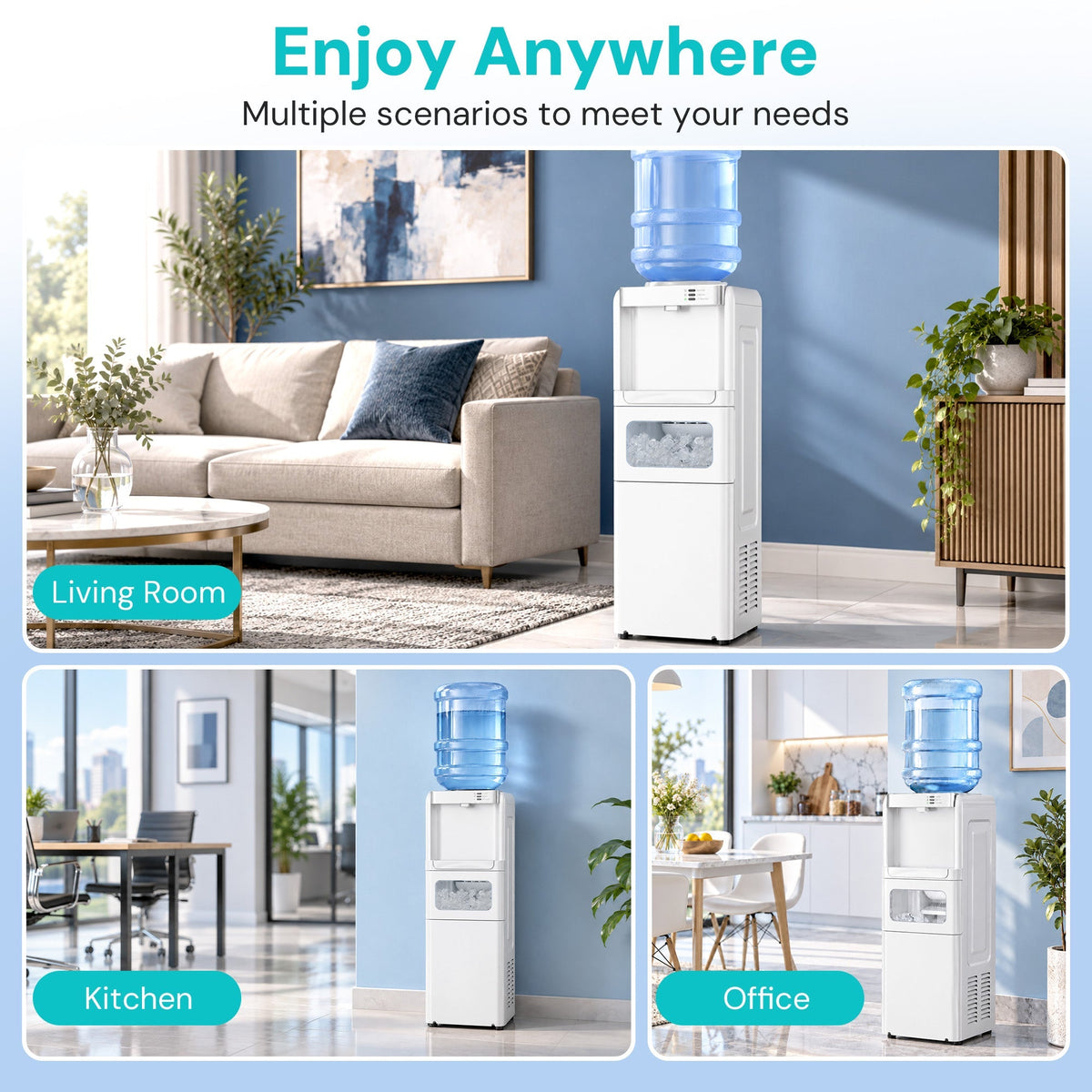 Kismile water cooler dispenser with ice maker, white unit with blue bottle in living room on Tampa Home & Garden Store