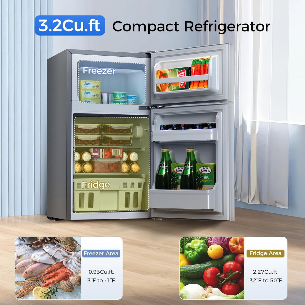 Kismile 3.2 Cu Ft mini refrigerator with freezer, compact two-door unit on Tampa Home & Garden Store