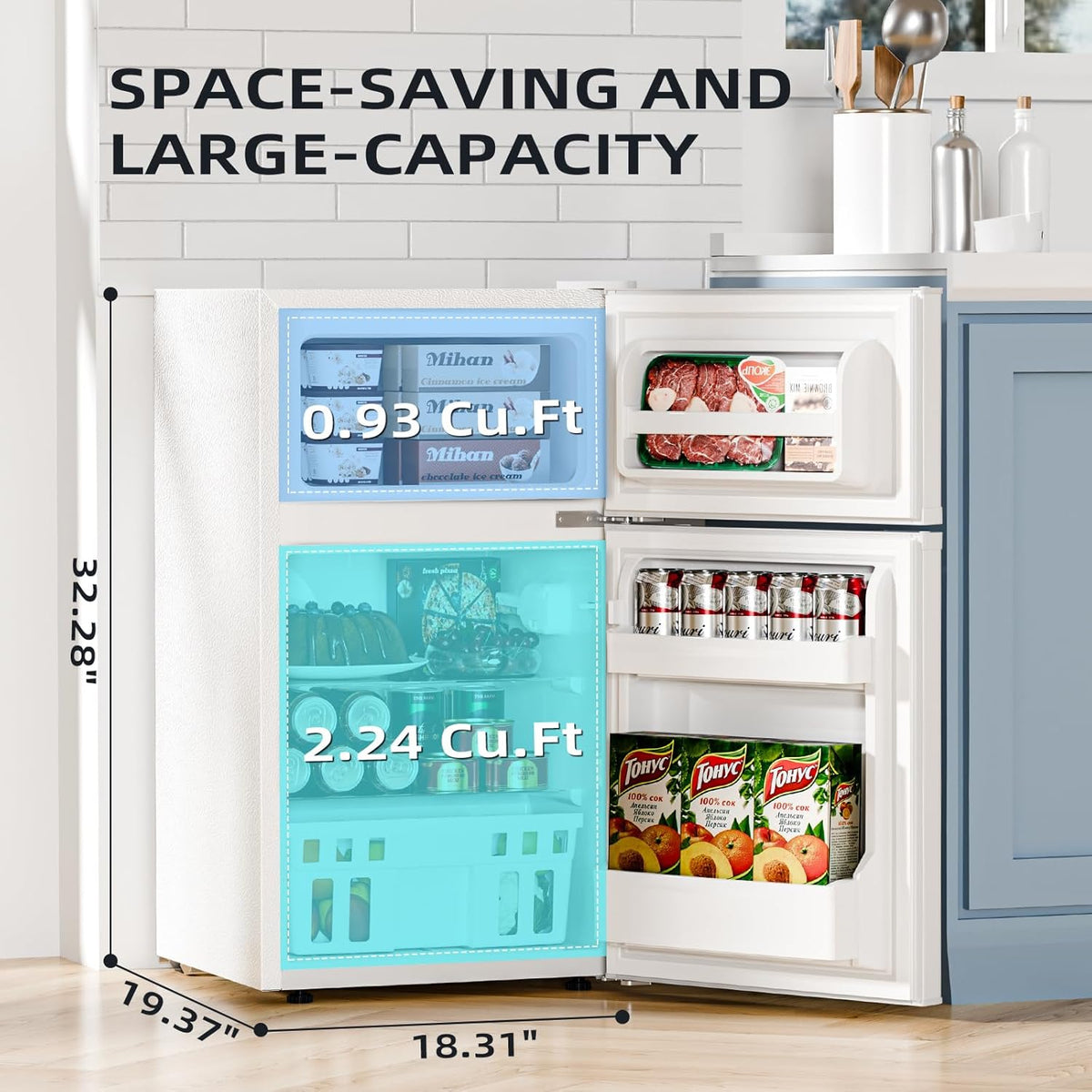 Kismile 3.2 Cu Ft mini refrigerator with freezer; white two-door compact unit on Tampa Home & Garden Store