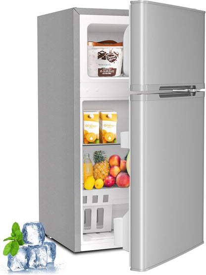 Kismile 3.2 cu ft mini fridge with freezer; open door shows juice cartons and fruit on Tampa Home & Garden Store