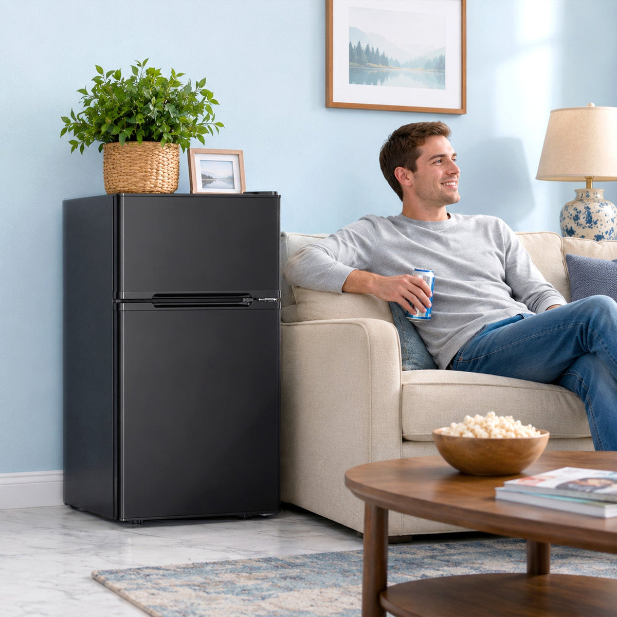 Kismile 3.2 Cu Ft mini fridge with freezer, black finish, placed in a living room setting on Tampa Home & Garden Store