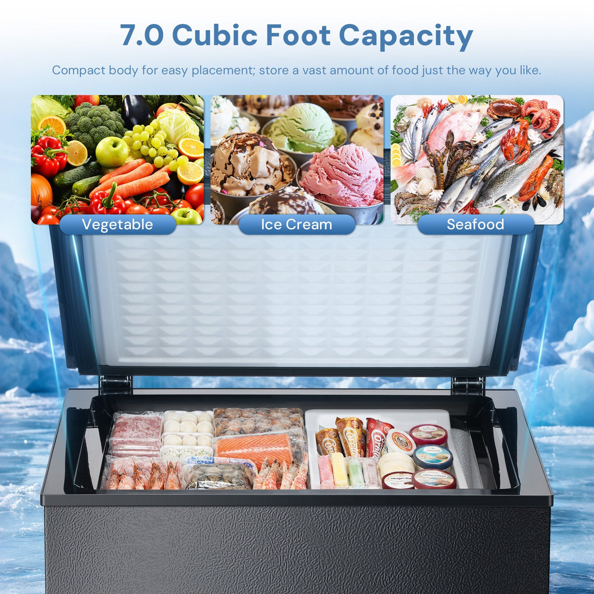 Kismile chest freezer with two removable baskets, gray exterior, holds ice cream, seafood on Tampa Home & Garden Store