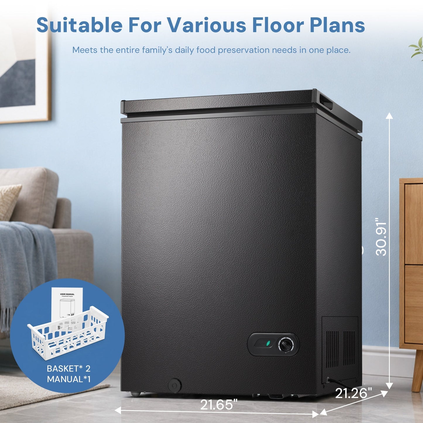 Kismile 3.5 Cu Ft chest freezer with two removable baskets in black textured finish on Tampa Home & Garden Store