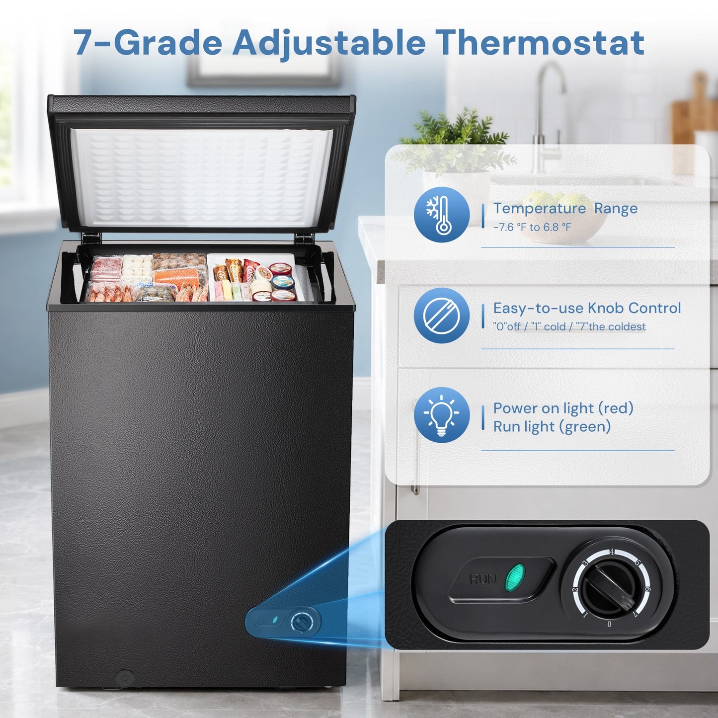 Kismile 3.5 Cu Ft Chest Freezer with 2 removable baskets black textured finish on Tampa Home & Garden Store