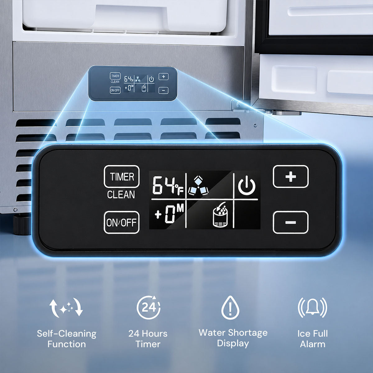 Kismile Built-in Ice Maker control panel with digital display in stainless steel on Tampa Home & Garden Store