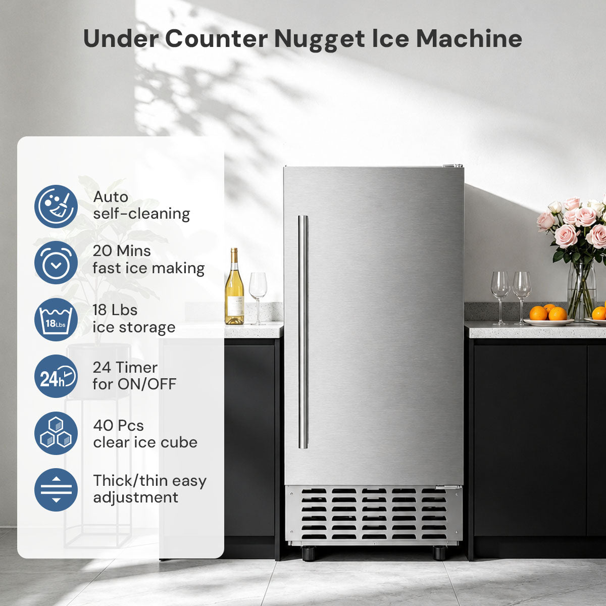 Kismile built-in ice maker under-counter nugget ice machine, 80 Lbs/day, 18 Lbs storage on Tampa Home & Garden Store