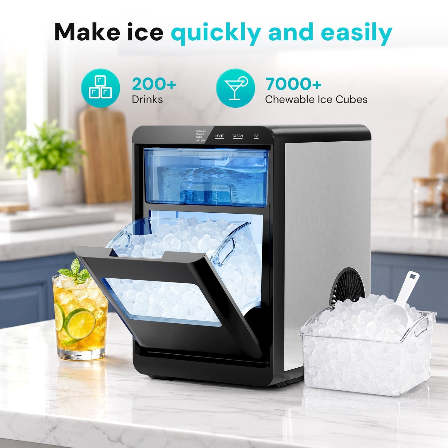 Kismile Modern Clear Square Ice Maker for Countertop, black finish with transparent bin on Tampa Home & Garden Store