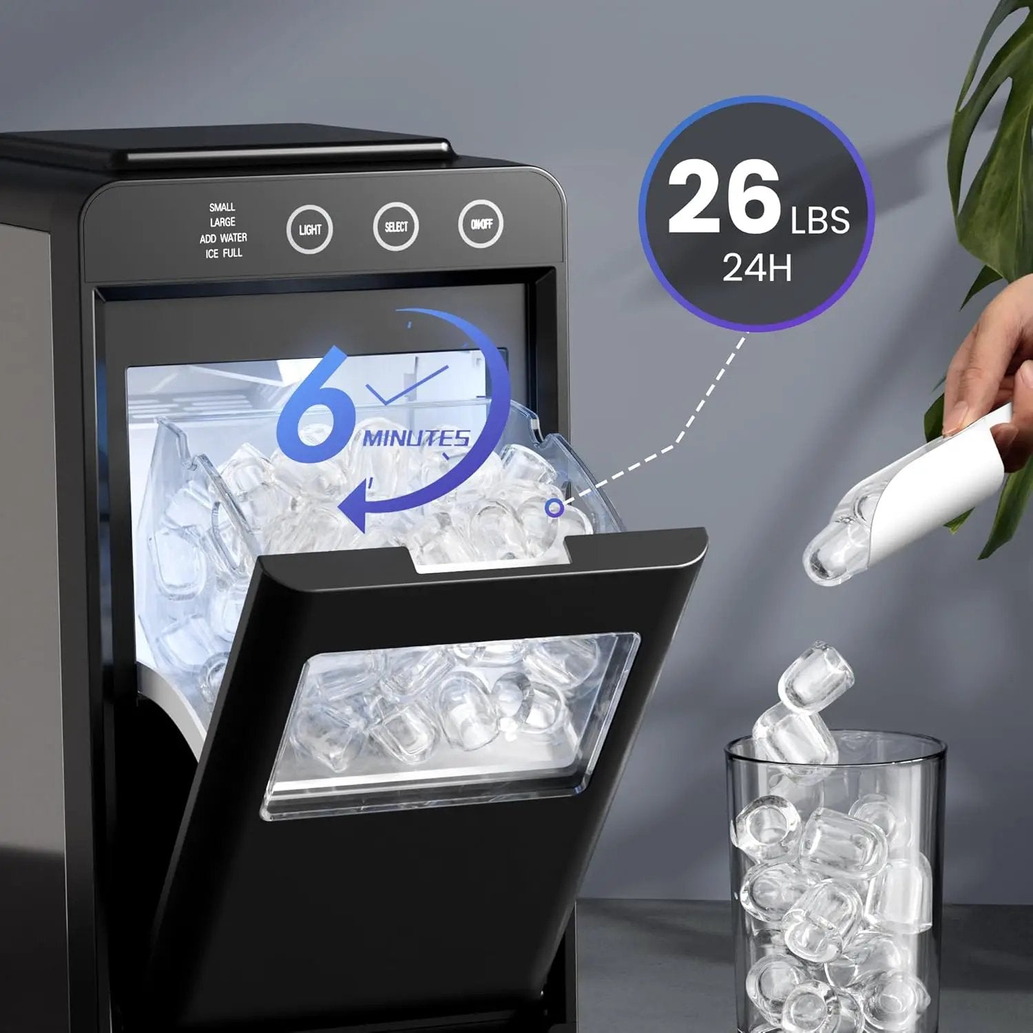 Kismile clear square ice cube maker for countertop in black with ice cubes filling the bin on Tampa Home & Garden Store