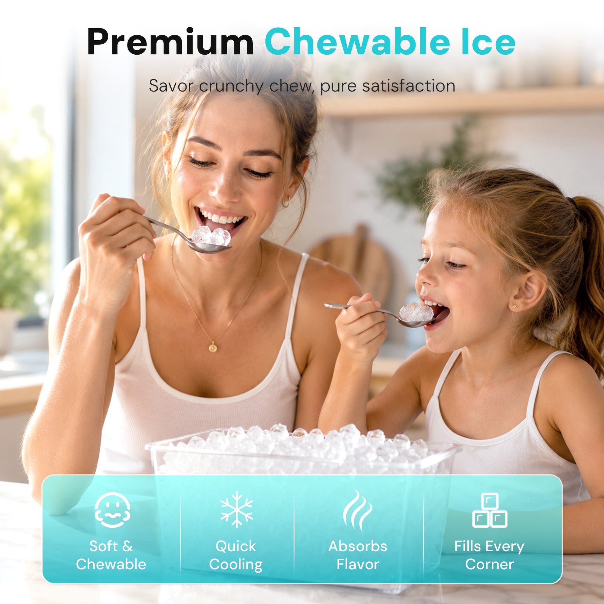 Kismile Modern Clear Square Ice Cube Maker on countertop; two people enjoy chewable ice on Tampa Home & Garden Store