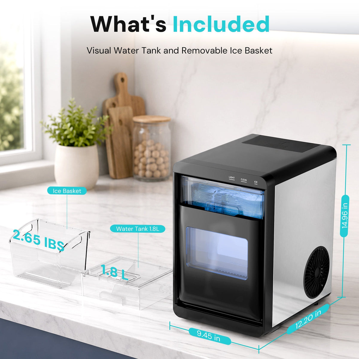 Modern Clear Square Ice Cube Maker by Kismile on countertop with ice basket and water tank on Tampa Home & Garden Store