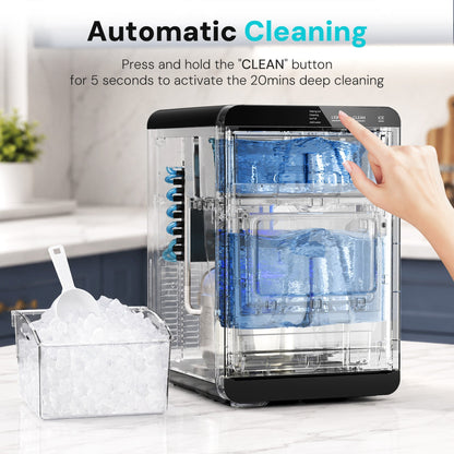 Kismile ice maker for countertop with clear square ice cubes, hand pressing the CLEAN button on Tampa Home & Garden Store