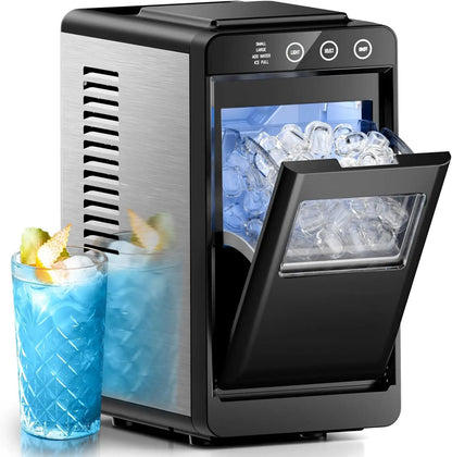 Kismile clear square ice maker countertop, black front with stainless steel sides and ice cubes on Tampa Home & Garden Store