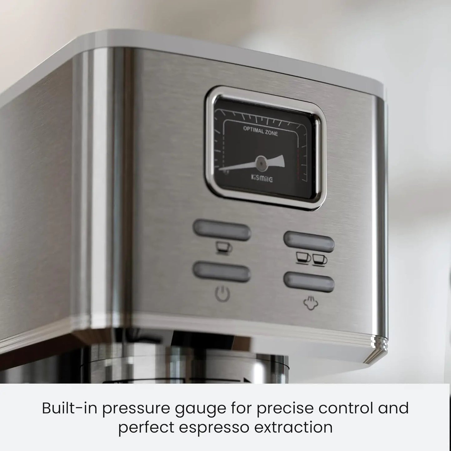 Kismile espresso coffee maker in brushed stainless steel with built-in pressure gauge on Tampa Home & Garden Store