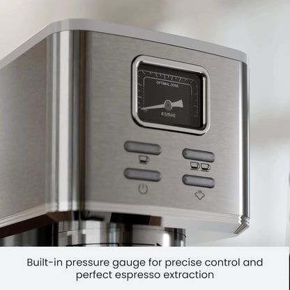 Kismile espresso coffee maker in brushed stainless steel with built-in pressure gauge on Tampa Home & Garden Store