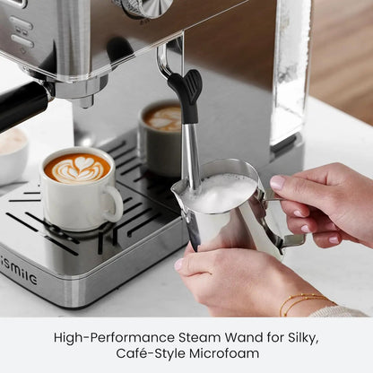Kismile espresso coffee maker with stainless steel body and milk frother wand in use on Tampa Home & Garden Store