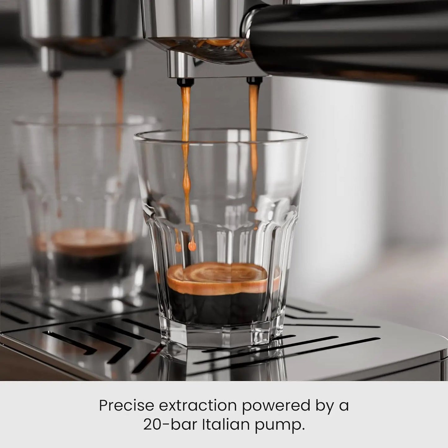 Kismile Espresso Coffee Maker stainless steel finish brewing crema espresso into a glass with 20-bar pump on Tampa Home & Garden Store
