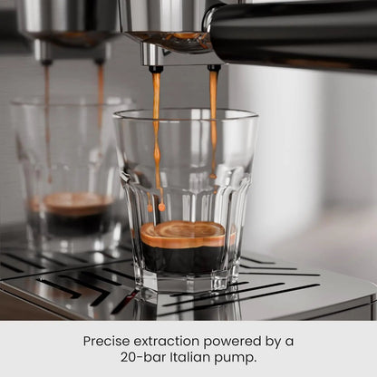 Kismile Espresso Coffee Maker stainless steel finish brewing crema espresso into a glass with 20-bar pump on Tampa Home & Garden Store