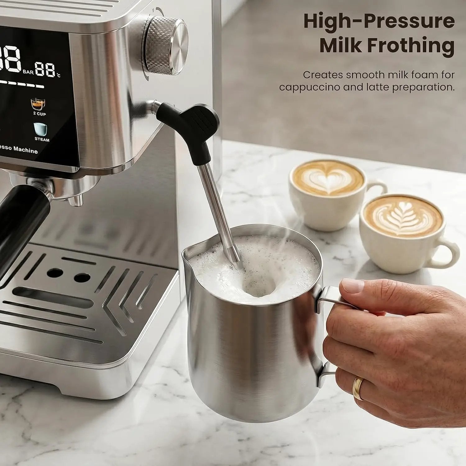 Kismile espresso coffee maker with milk frother, stainless pitcher on Tampa Home & Garden Store
