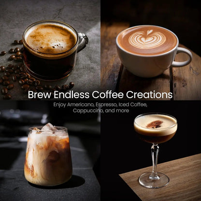 Kismile espresso coffee maker collage: 4 coffee drinks with espresso and latte art on Tampa Home & Garden Store