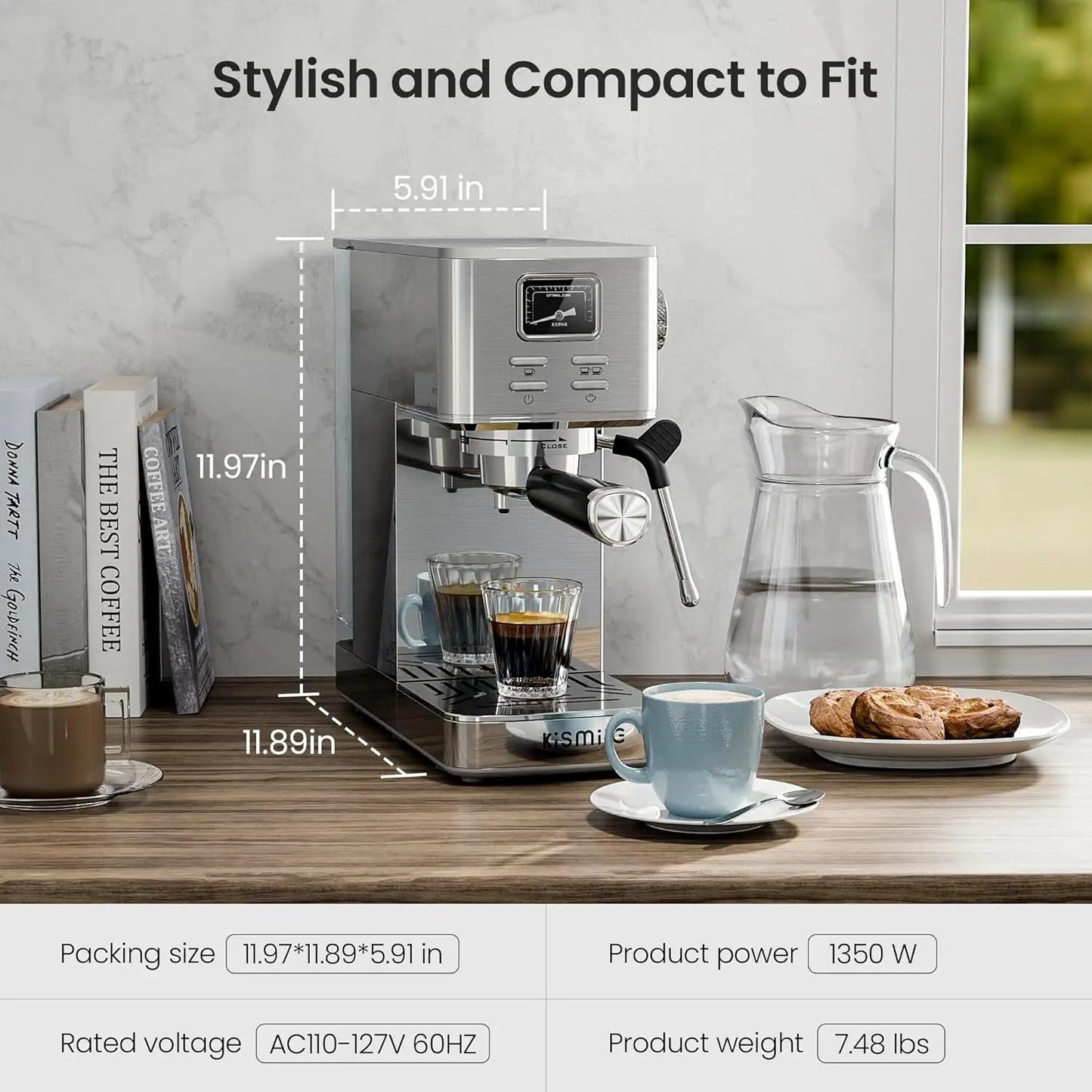 Kismile stainless steel espresso coffee maker with milk frother, compact countertop with two cups on Tampa Home & Garden Store
