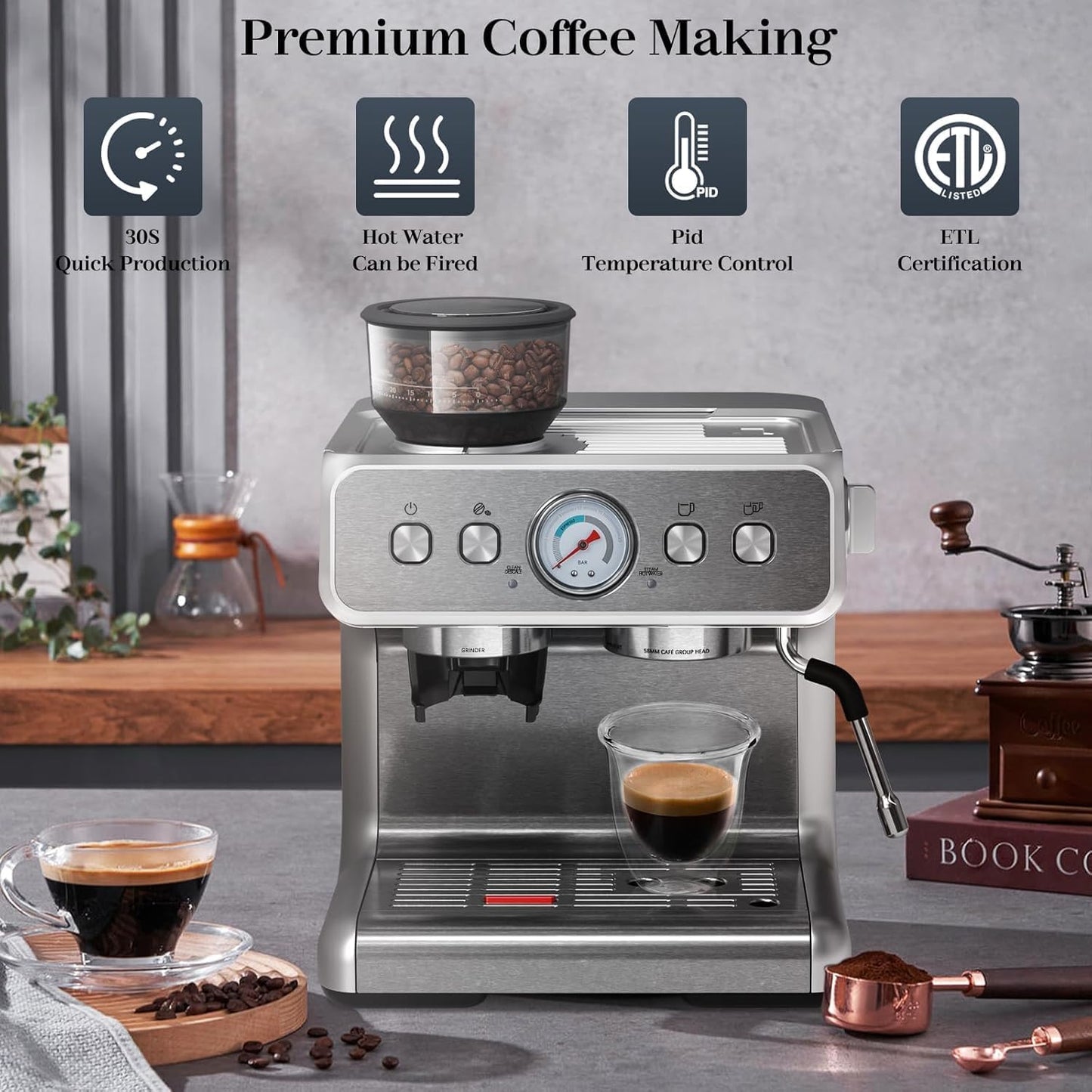 Cafetera expreso Kismile, cafetera semiautomática con molinillo de café y vaporizador de leche.