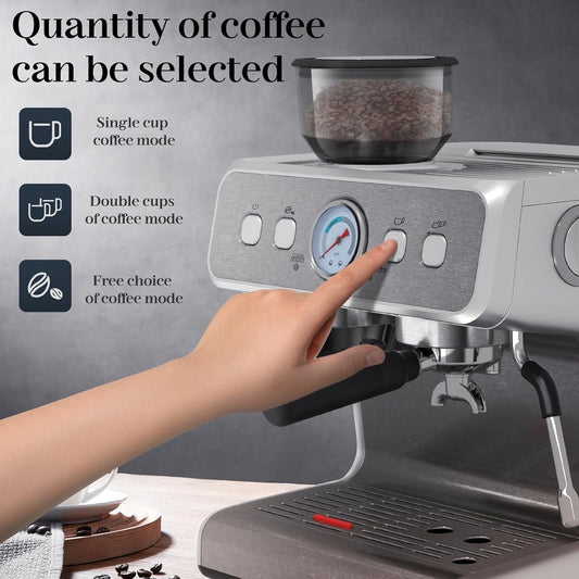 Cafetera expreso Kismile, cafetera semiautomática con molinillo de café y vaporizador de leche.