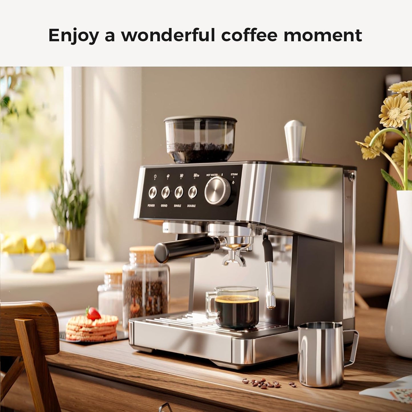Cafetera expreso Kismile, cafetera semiautomática con molinillo de café y vaporizador de leche.