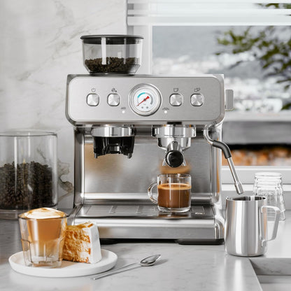 Cafetera expreso Kismile, cafetera semiautomática con molinillo de café y vaporizador de leche.