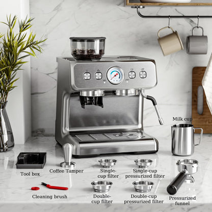 Cafetera expreso Kismile, cafetera semiautomática con molinillo de café y vaporizador de leche.