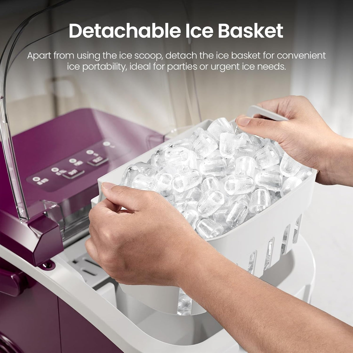 Kismile countertop ice maker with detachable purple ice basket filled with ice cubes on Tampa Home & Garden Store