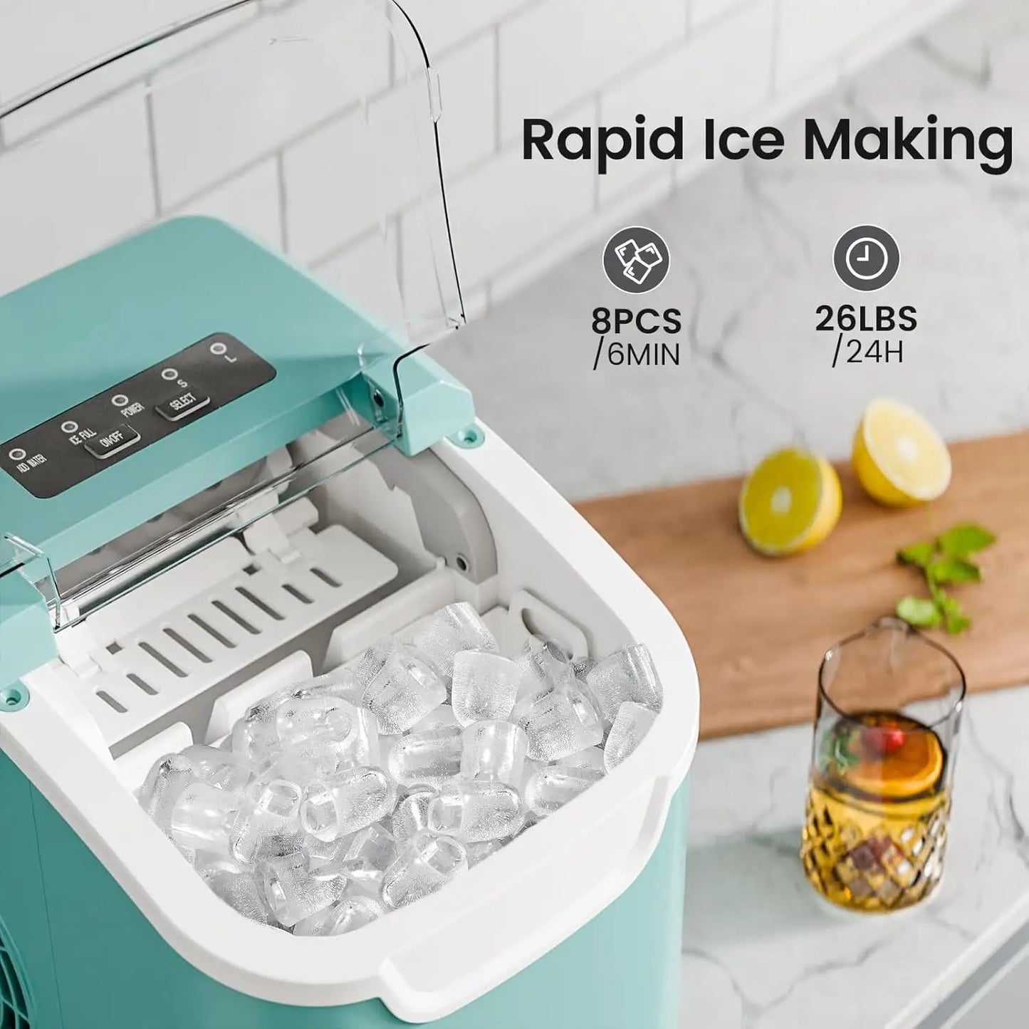 Kismile countertop ice maker teal with ice cubes in bin 26 lbs/24h on Tampa Home & Garden Store