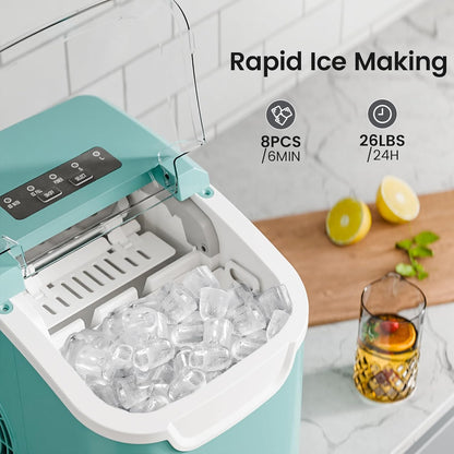 Kismile countertop ice maker in teal with open lid, ice-filled bin and built-in control panel on Tampa Home & Garden Store