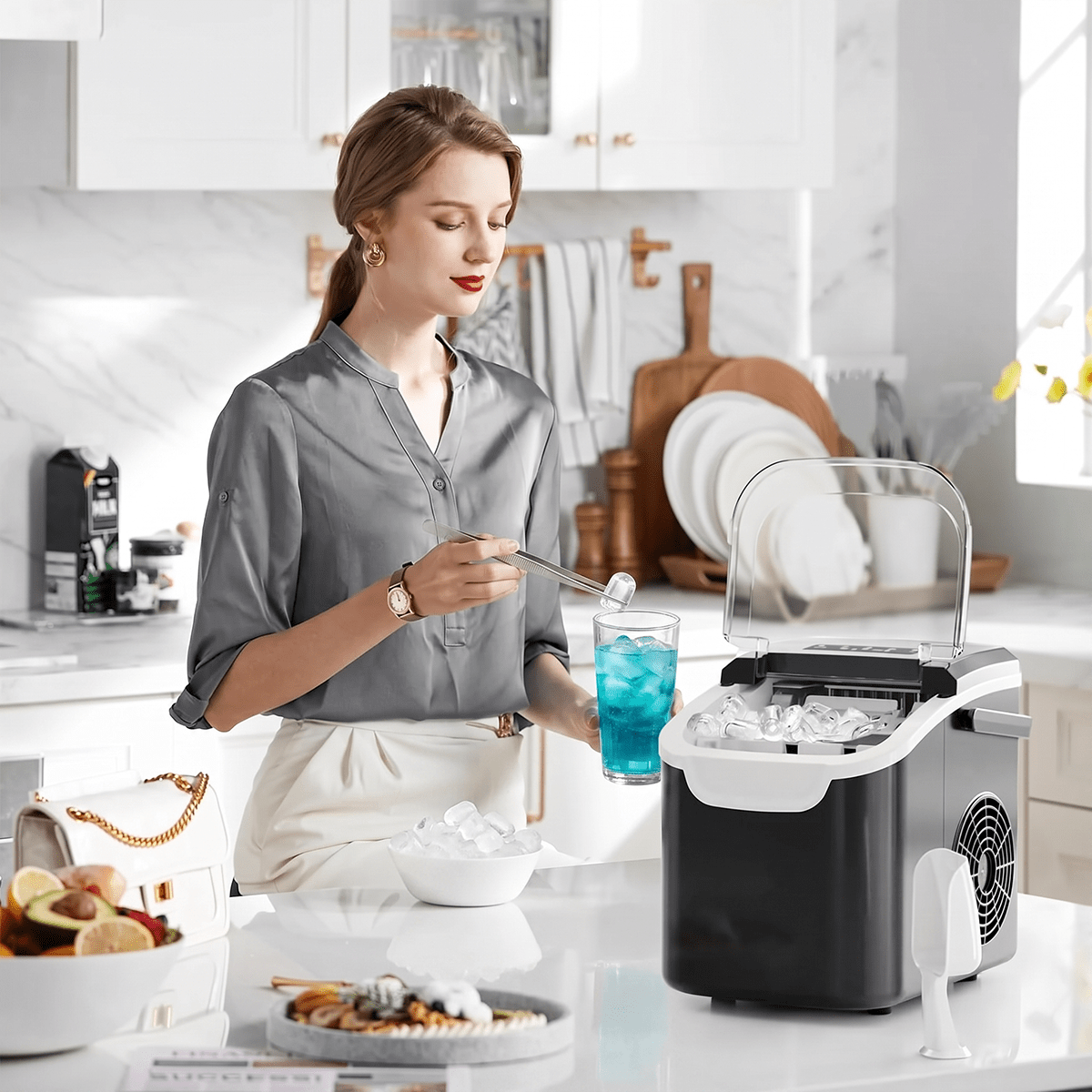 Kismile countertop ice maker black/silver with clear lid on kitchen counter, 26 Lbs/day capacity on Tampa Home & Garden Store