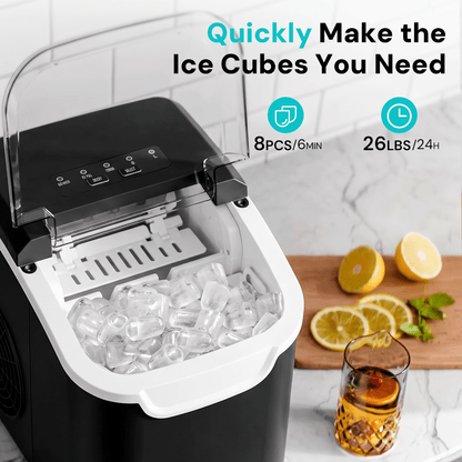 Kismile black countertop ice maker with clear lid; ice-filled bin, glass with ice nearby on Tampa Home & Garden Store