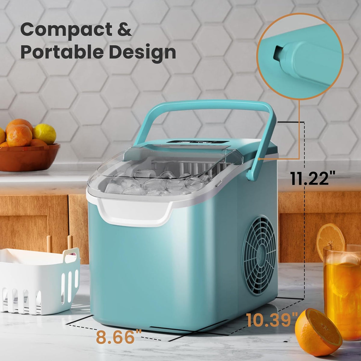 Kismile countertop ice maker turquoise, compact portable design with ice in tray on Tampa Home & Garden Store