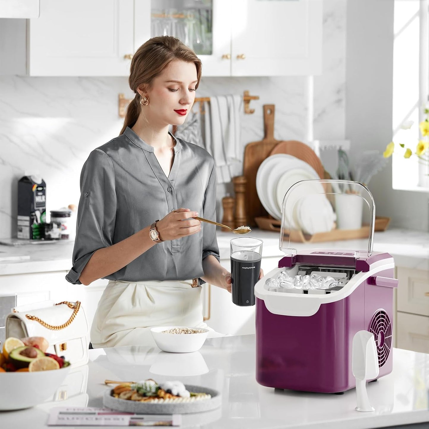 Kismile countertop ice maker 26 lbs/day purple with clear lid on kitchen counter on Tampa Home & Garden Store