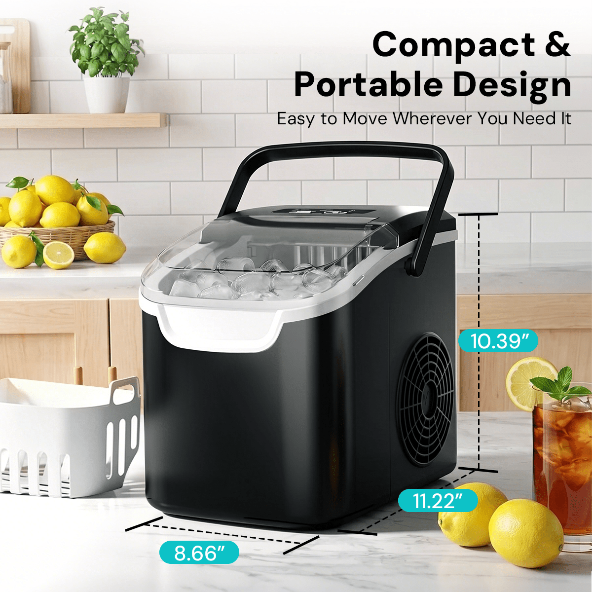 Kismile countertop ice maker in black with transparent lid, compact portable design, 26 Lbs per Day on Tampa Home & Garden Store